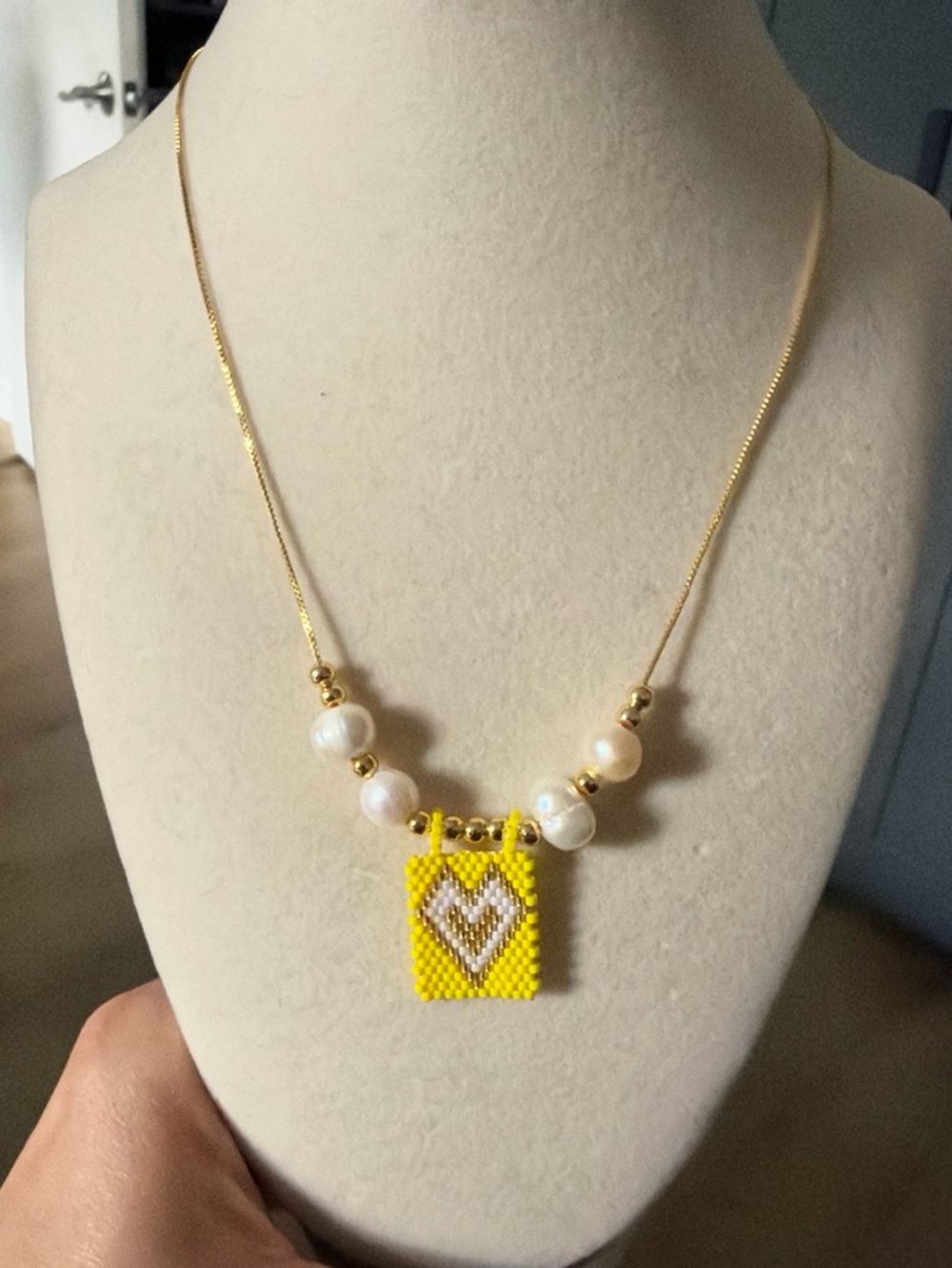 Yellow Seed Bead Heart Pendant Necklace with Pearls